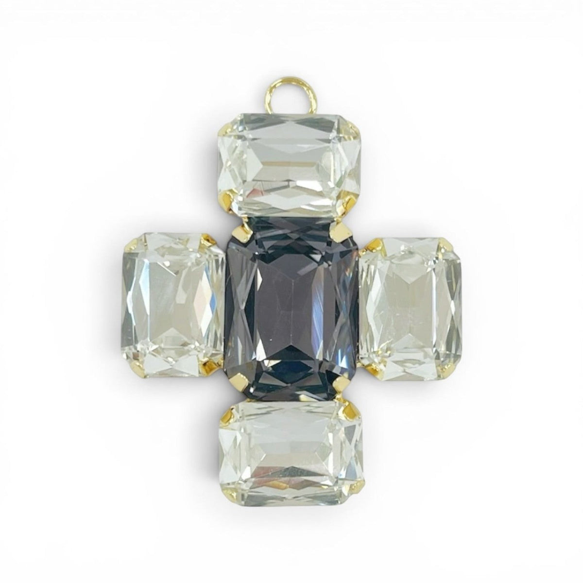 X5 Bijoux 400 - Cruz Mod.9 十字架吊坠，采用祖母绿切割的透明与深灰色水晶，镶嵌在金色底座上。