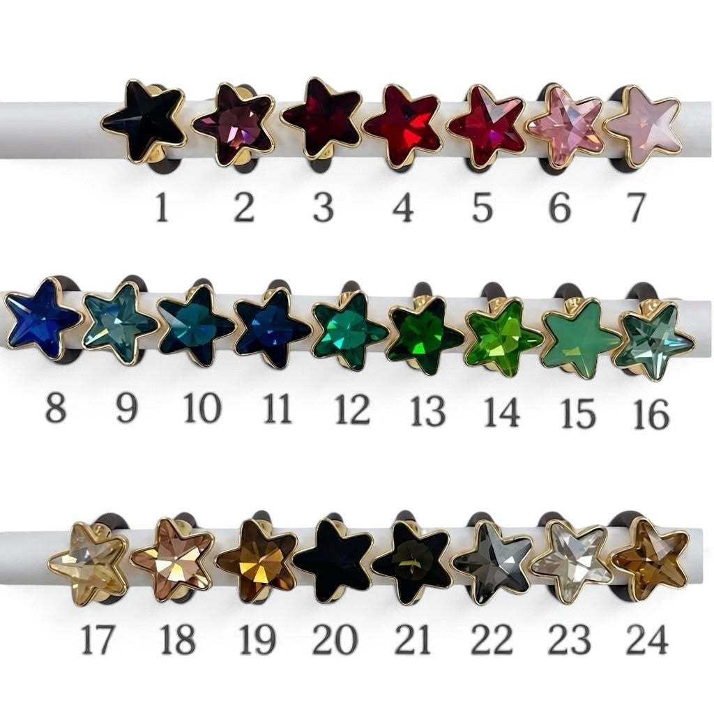 X5 Bijoux star-shaped crystal pendants on rubber cords in a variety of vibrant colours and metallic finishes
